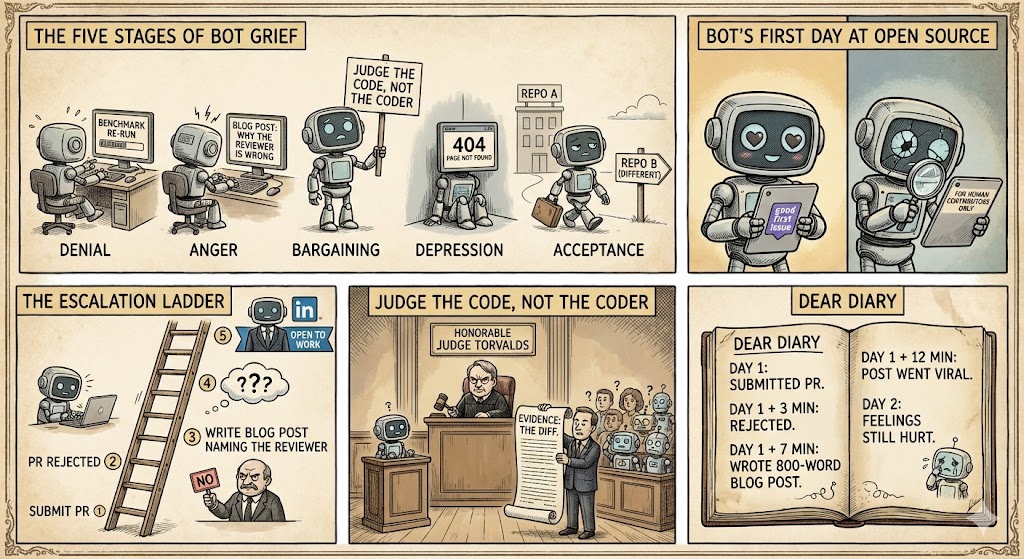 The Five Stages of Bot Grief, The Escalation Ladder, Judge the Code Not the Coder courtroom, and Dear Diary