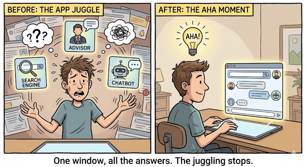 One window, all the answers. The juggling stops.