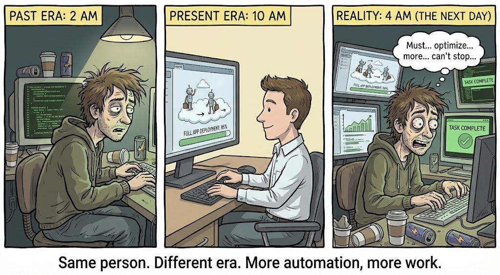 Same person. Different era. More automation, more work.